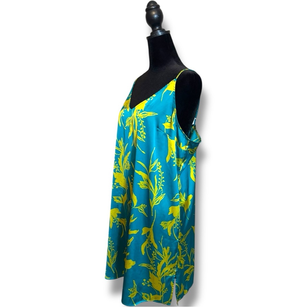 Stars Above Teal/Yellow Silky Floral Tropical Print Sleeveless Mini Slip Dress - Picture 5 of 16